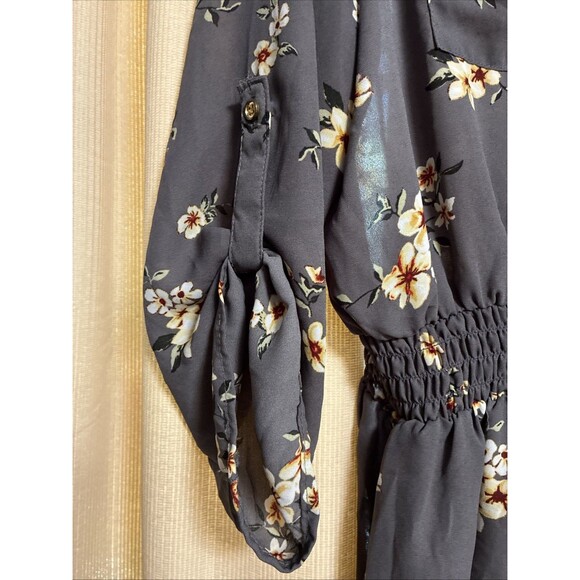 Rue 21 Womans Top Tunic XL Gray Cream Floral Convert Sleeve Zip Elastic Waist - Picture 3 of 6